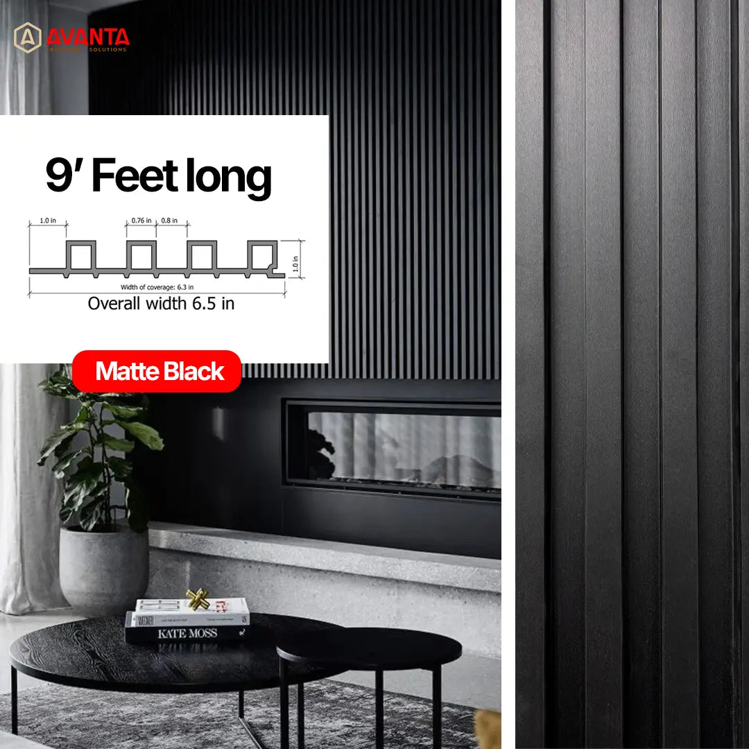 WPC Fluted Wall Panel – Matte Black – 9 ft