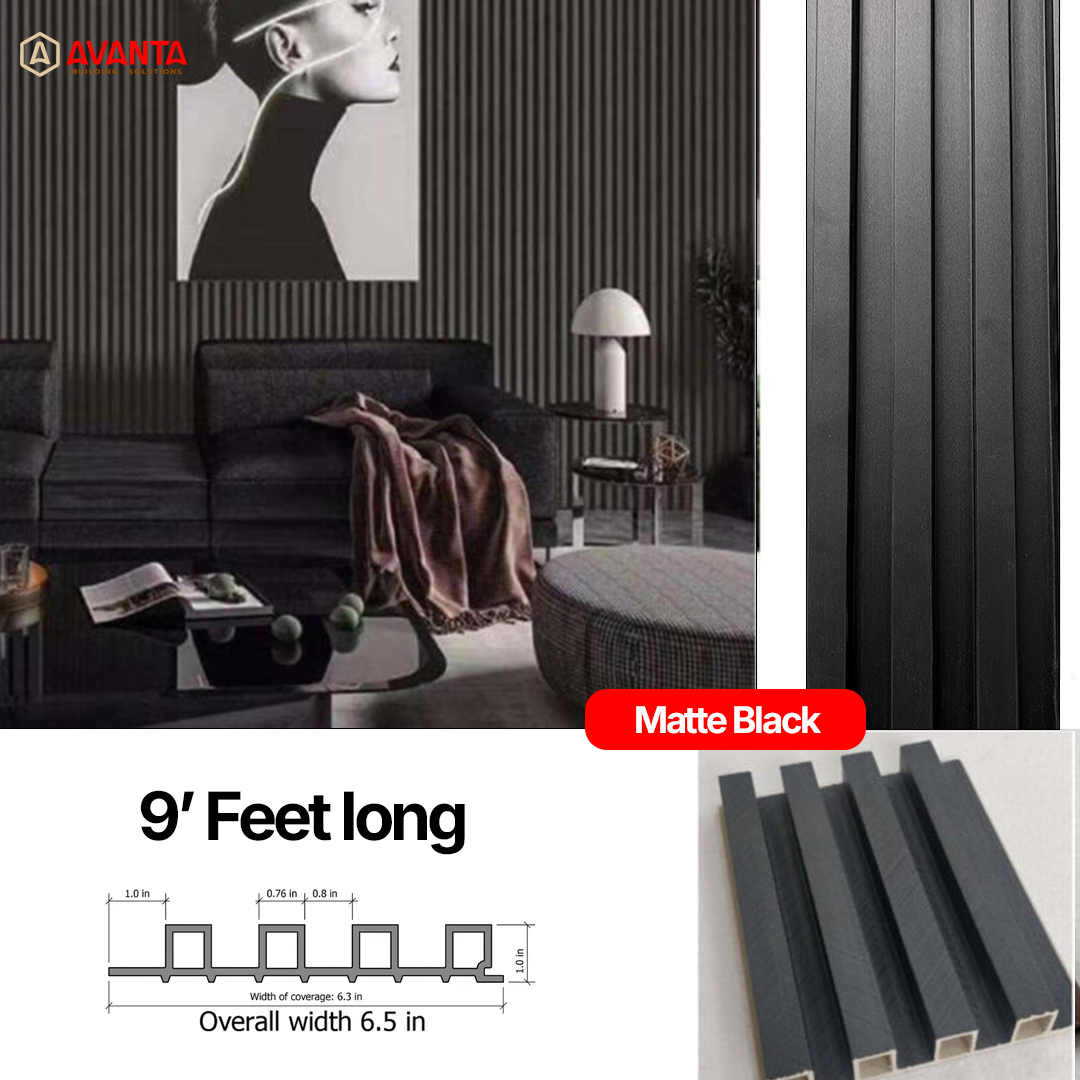 WPC Fluted Wall Panel – Matte Black – 9 ft