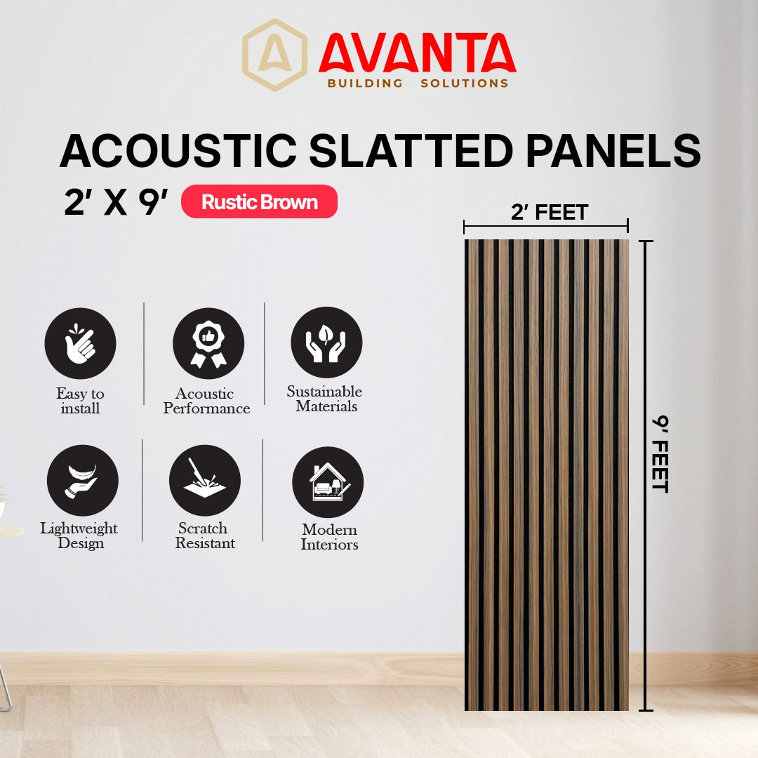 Rustic Brown Acoustic Slatted Panel – 2’ × 9’