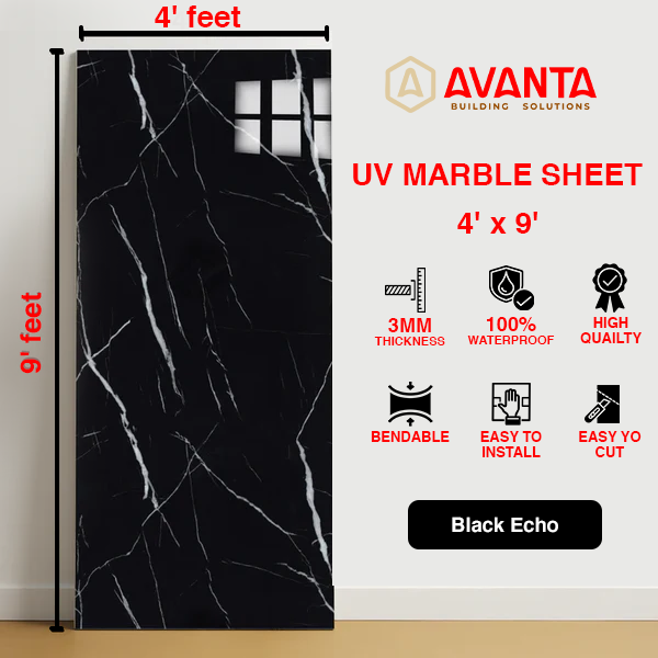 UV Marble Sheets, Black Echo, 1 Sheet, 4 X 9 Feet